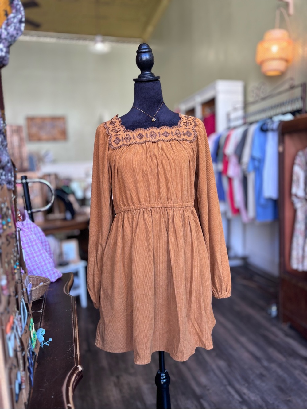 Boho Embroidered Corduroy Dress in Rust Brown